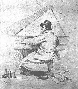 sketch of a man in top hat and overcoat vigorously playing a grand piano
