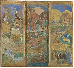 Charles Prendergast, Three-Panel Screen (front), c. 1916-1917, oil and gold leaf on gessoed wood, each panel, 75 x 27¼ in, private collection.[12]