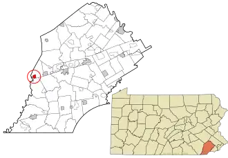 Location of Atglen in Chester County, Pennsylvania (left) and of Atglen in Pennsylvania (right)