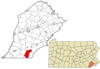 Location of Franklin Township in Chester County, Pennsylvania (upper left) and of Chester County in Pennsylvania (lower right)