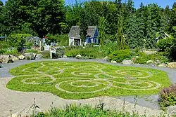 The circular paths on the lawn in the Children's Garden at Coastal Maine Botanical Gardens.