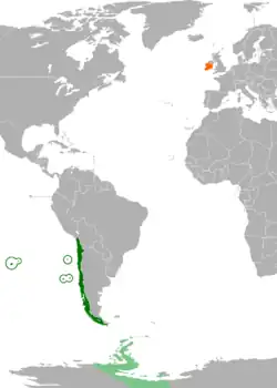 Map indicating locations of Chile and Ireland
