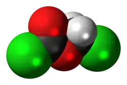 Space-filling model of the chloromethyl chloroformate molecule