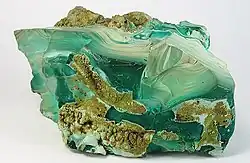 Banded white to blue green chrysocolla, from Bisbee, Arizona (size: 12.2&nbsp;cm ×&nbsp;5.5&nbsp;cm ×&nbsp;5.2&nbsp;cm (4.8&nbsp;in ×&nbsp;2.2&nbsp;in ×&nbsp;2.0&nbsp;in))