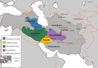 Territory of the Chobadnids ■ and division of Ilkhanate territory, circa 1350, including the Jalayirids ■, the Injuids ■ and the Muzaffarids ■