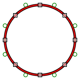 Eight-segment quadratic polybézier (red) approximating a circle (black) with control points