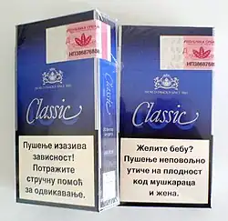 Serbian tobacco tax stamps on cigarette packets
