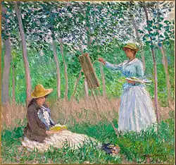 Claude Monet, 1887, In the Woods at Giverny, Blanche Hoschedé Monet at Her Easel with Suzanne Hoschedé Reading, oil on canvas, 91.4 x 97.7&nbsp;cm, Los Angeles County Museum of Art