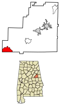 Location of Hollins in Clay County, Alabama.
