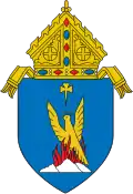 The arms of the Diocese of Phoenix: The arms feature a phoenix, the namesake of the diocesan seat, Phoenix, Arizona.