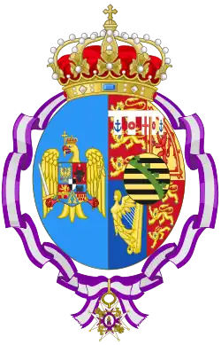 Coat of arms of Queen Marie, as Dame of the Order of Queen Maria Luisa (Spain; note Romanian arms on left)