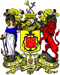 Coat of arms of Cape Town, with the arms of Jan van Riebeeck depicted in the shield