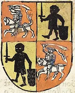 Coat of arms of Vytautas the Great, which features the standing knight of Kęstutaičiai and Vytis (Waykimas), used during the Council of Constance. Painted by Ulrich of Richenthal, 15th century.