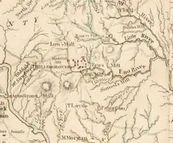 A map depicting the settlement of Hillsborough between the Haw River to the west and the Eno River to the east