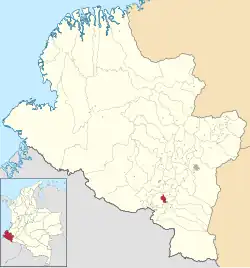 Location of the municipality and town of Gualmatán in the Nariño Department of Colombia.