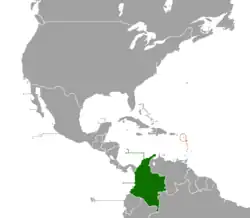 Map indicating locations of Colombia and Saint Kitts and Nevis