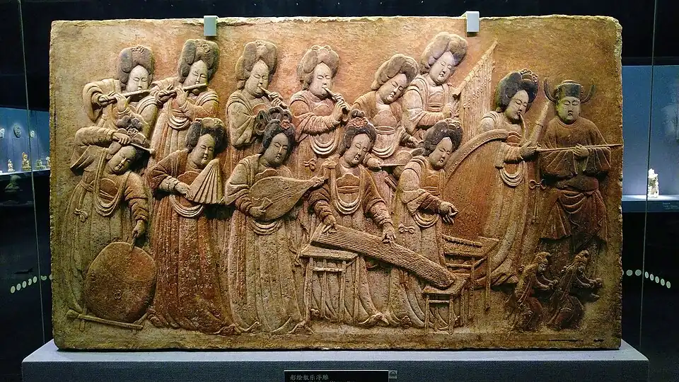 konghou in color-painted Relief Scene of Musicians Playing (Five Dynasties,China)