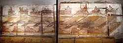 A wall painting in the dressing room of the suburban baths in Pompeii.[31][32] There are seven sexual scenes in this wall painting. 62 to 79 CE