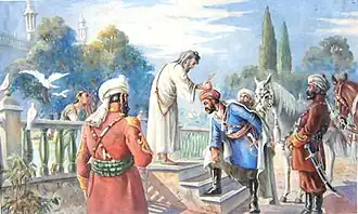 A color painting of a turbaned man, wearing blue clothes, being crowned by an elderly man in a garden while other people look on