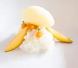 A sorbet with plums and vanilla rice pudding