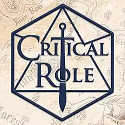 The Critical Role logo in a dark blue-gray color. Horizontal and central is the text "Critical Role"; vertical and central is the silhouette of a sword, which bisects the text element, replacing the letter 'T' in the word 'critical', and passing through the letter 'O' of 'role'. Surrounding the text is the outline of a twenty sided die, on a hand-drawn antique map background.