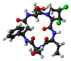Ball-and-stick model of the cyclochlorotine molecule