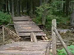 Log bridge in Slovakia with additional logs laid crosswise (a beam bridge)