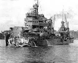 New Orleans with torpedo damage in Tulagi Harbor on 1 December 1942 after the Battle of Tassafaronga.