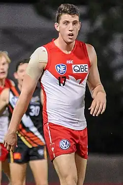 A light-skinned man with brown hair standing in a red and white guernsey with red shorts