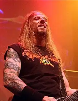 Meyer performing with Dark Angel in 2014