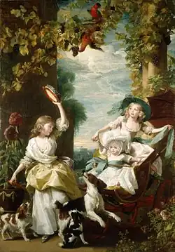 Imaginary garden scene with birds of paradise, vines laden with grapes, and architectural columns. The two young princesses and their baby sister wear fine dresses and play with three spaniels and a tambourine.