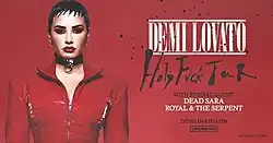 Lovato is seen on the left, with short hair and a red outfit, next to information about the tour.