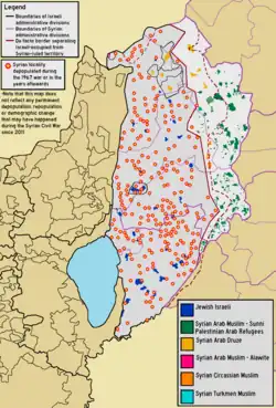 A demographic map of Quneitra Governorate (Golan Heights) overlaid with the location of the depopulated Syrian localities