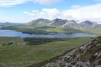 Derryclare (left), Bencorr (centre), Bencorr North Top (right); Benbaun is far right