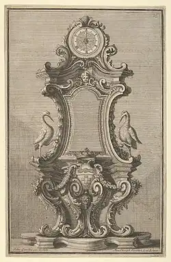 Baroque volutes on a design for a clock from 'Disegni Diversi', by Giovanni Giardini and Maximilian Joseph Limpach, 1714-1750, etching and engraving, Metropolitan Museum of Art