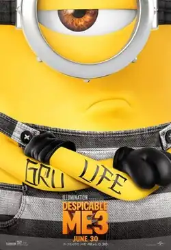 A minion with one eye wearing black-and-white-striped denim overalls, with a tattoo that reads "GRU LIFE" around his arms