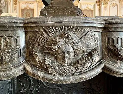 Rococo Revival mascaron on a fireplace in the Musée Jacquemart-André, Paris, probably designed by Édouard André, c.1869-1875