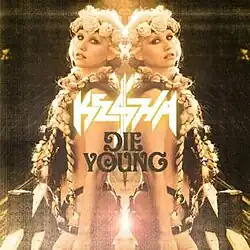 A Caucasian female with blond braids and a floral diadem. She is sparsely clothed in a suit of leather strips. Her back to a mirror, her reflection is symmetrically depicted with the words "Ke$ha" and "Die Young" appearing in the center.