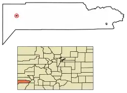 Location of the Town of Dove Creek in Dolores County, Colorado.