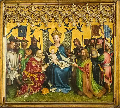 Rectangular central section of an altarpiece in the International Gothic style, showing the Three Kings adoring the Christ Child. The arrangement is formal, balanced and intricately detailed. The Virgin Mary, in a robe of brilliant blue, sits enthroned with Jesus on her knee at the centre of the painting. The figures have a sweet, doll-like quality. On either side kneel the two older kings clothed in robes of patterned velvet, one green and the other crimson, with gifts of a golden box and a silver chalice. The youngest king stands behind one of the kneeling figures, and presents a container of semi-precious stone.