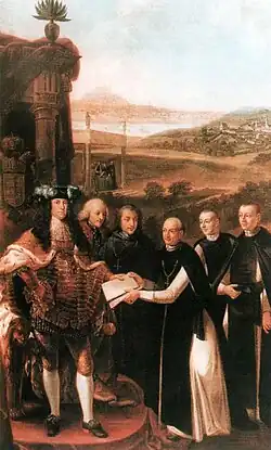 1795–96: Kaiser Karl VI with Abbott Robert Leeb&nbsp;[de] in Sankt Gotthard