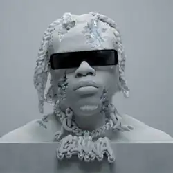 Light grey bust of Gunna wearing dark and wide sunglasses as well as a chain that reads his stage name. In some sections, the sculpture is cracking to reveal the ice-like crystals sitting underneath