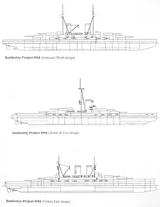 Three line drawings of a battleship: the first and third have two funnels and two masts, while the second has just one funnel and one mast; all feature four main turrets and casemated guns