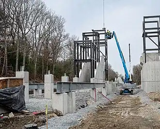 Foundations for a railway platform and a partially-complete footbridge