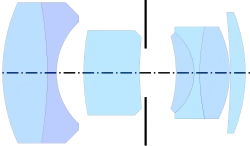 Carl Zeiss (Oberkochen) Distagon (35&nbsp;mm f/4, 1958) by Eismann & Lange, from US Patent 3,038,380[21]