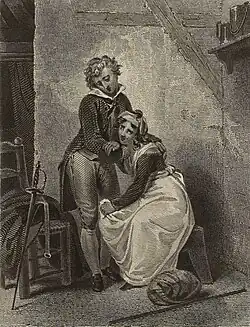 Elegant and detailed illustration of Manon de Grieux gazing tearfully at each other in a shabby room