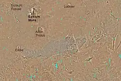Map of Elysium quadrangle. Elysium Mons and Albor Tholus are large volcanoes. Eddie crater is at the left.