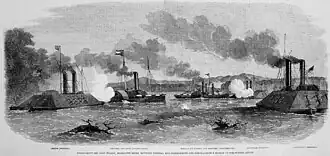 A black-and-white depiction of warships fighting in the river. In the center foreground, logs are visible protruding from the water surface. At the right and left of the middleground are ironclads with sloping casemates and two funnels, flying the American flag. Next to the left ironclad is a sidewheel steamboat with a single funnel flying the Confederate national flag. In the right rear is a cluster of other warships of both types.