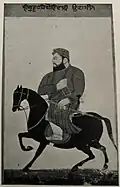 Equestrian portrait of Guru Hargobind, held in the collection of the mahant of the Ram Rai Darbar complex in Dehradun, ca.1685