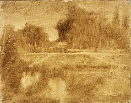 Landscape in the Orne (c. 1901), oil on prepared paper mounted on canvas, 32.7 x 41.3&nbsp;cm., Museum of Art, Rhode Island School of Design, Providence